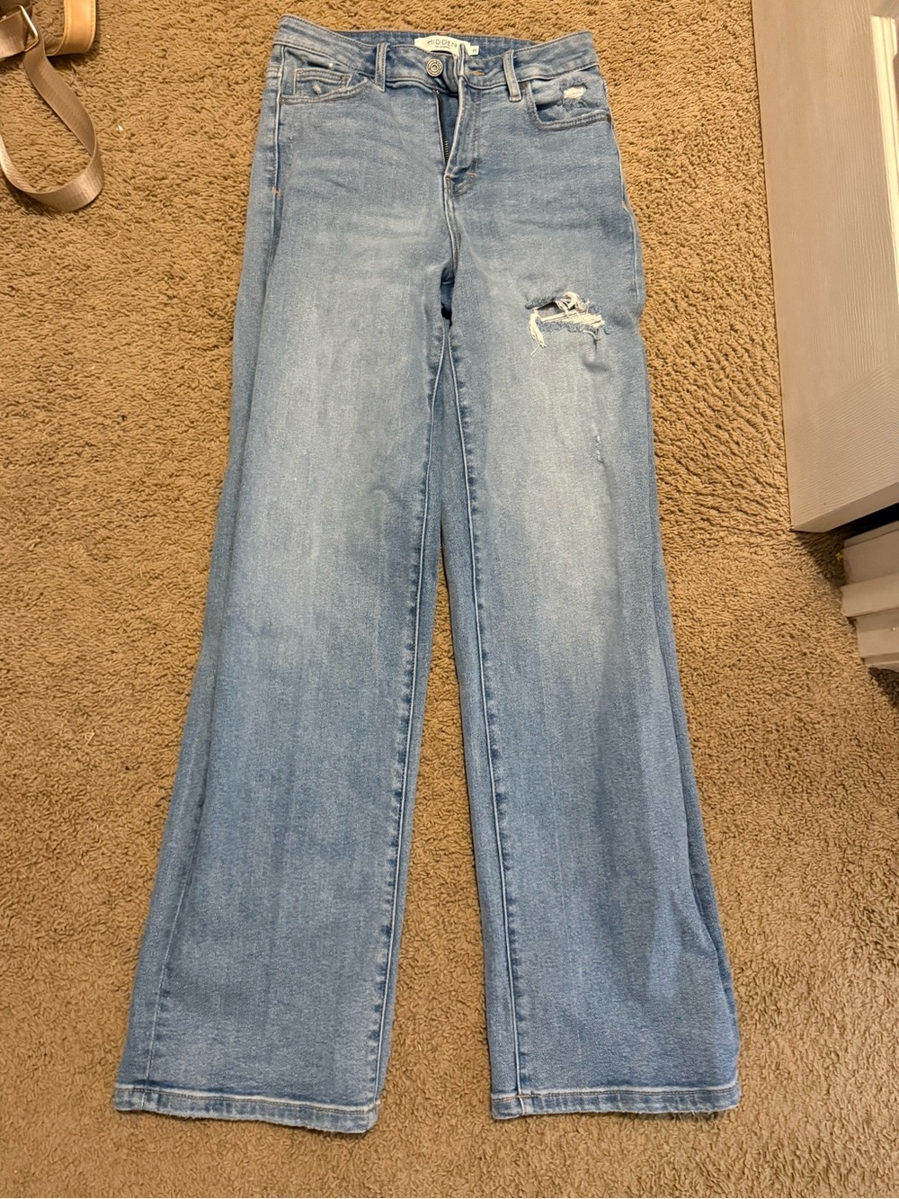 High-Rise Light Blue Wide Leg Jeans with Distressed Detail
